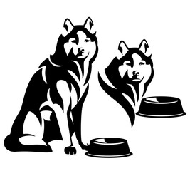 cute husky dog sitting by food bowl and waiting for meal - black and white vector animal outline and head portrait