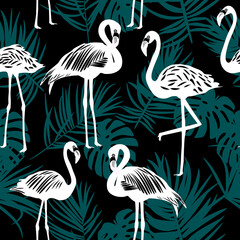 Seamless pattern of flamingo with palm leaves © Artlu