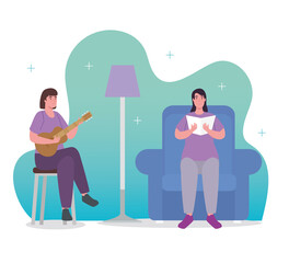 women playing guitar and reading at home design of Activity and leisure theme Vector illustration