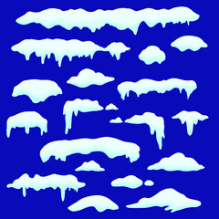 Vector collection of roof snow caps. Winter and Christmas snowy and ice frozen decoration elements. Realistic flat vector illustration of snow drifts and icicles. Snow frames set.