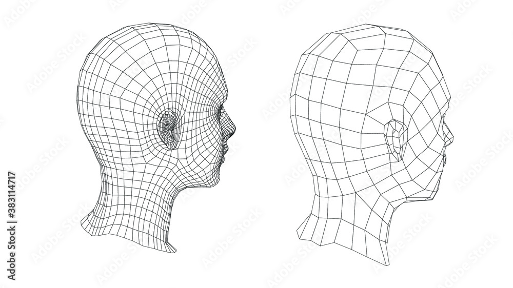 Poster low poly 3d head, human face structure made of grid. biometrics, facial recognition and cyber securi