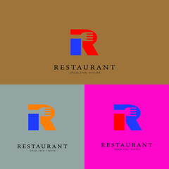 Vector alphabet letter R background fork and spoon illustration. Graphic food icon symbols for cafes, restaurants, cooking businesses. Modern catering labels, emblems, badges