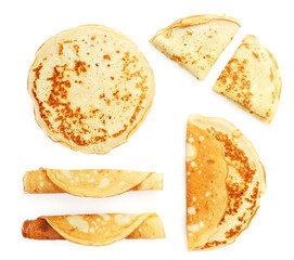 Set of thin pancakes on a white background, isolated. Top view - obrazy, fototapety, plakaty