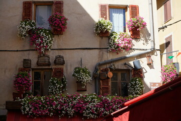 facade of a town house with flower pots everywhere