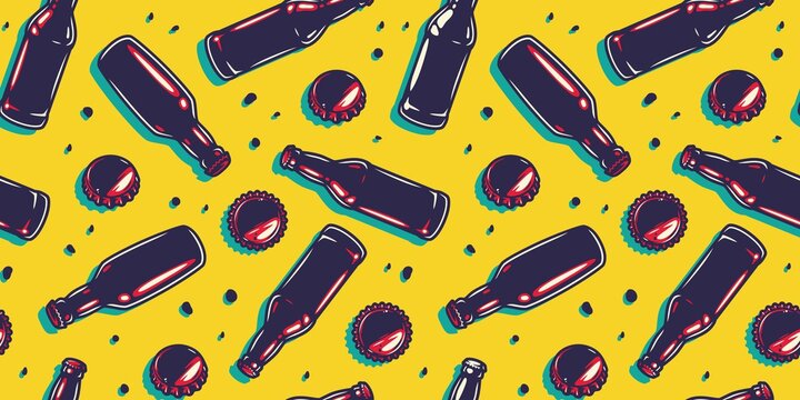 Colored Seamless Pattern Wallpaper With Curved Metal Cork From A Craft Beer Brewery Bottle And Can For Retro Bar Design