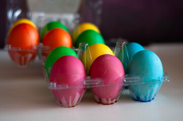 colored eggs in the egg tray