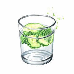 Glass of purified drinking water with fresh cucumber slices and mint leaf, Hand drawn watercolor illustration isolated on white background