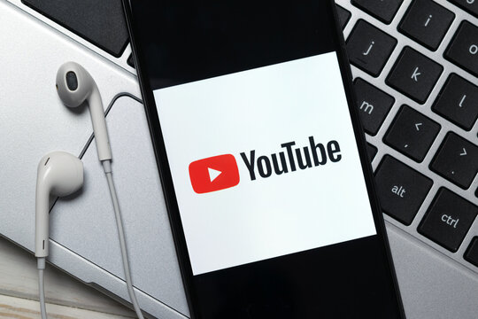 Krakow, Poland - October 05, 2020: YouTube application sign on the smartphone screen. YouTube is a famous free video sharing service.