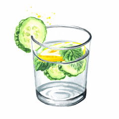 Glass of purified drinking water with fresh lemon and cucumber slices and mint leaf, Hand drawn watercolor illustration isolated on white background