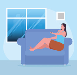 woman on couch with control at home design of Activity and leisure theme Vector illustration
