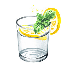 Glass of purified drinking water with fresh lemon slices and mint leaf. Hand drawn watercolor illustration, isolated on white background