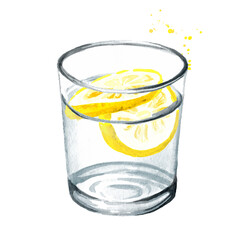 Glass of purified drinking water with fresh lemon slices. Hand drawn watercolor illustration isolated on white background