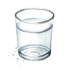 Glass of purified drinking water. Hand drawn watercolor illustration isolated on white background