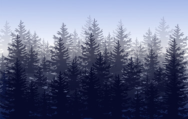 Vector misty forest landscape with silhouettes of coniferous trees.Vector.