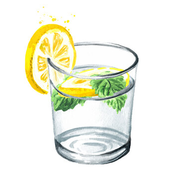 Glass of purified drinking water with fresh lemon slices and mint leaf. Hand drawn watercolor illustration isolated on white background