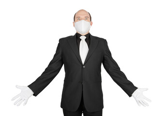 Surprised business man with surgical medical virus protection white mask and gloves