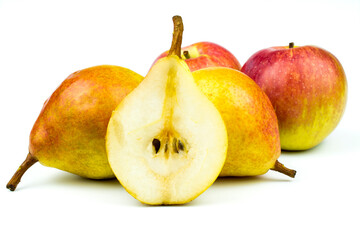Fresh pears and apples close up isolated on white background.