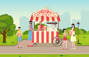 Obraz na płótnie Canvas Cartoon Color Characters People Eating Popcorn Concept. Vector