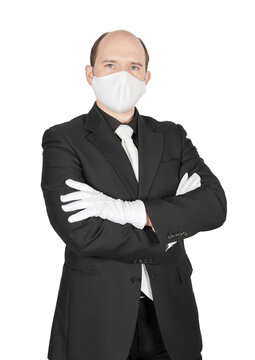 Handsome business man with surgical medical virus protection white mask and gloves isolated.