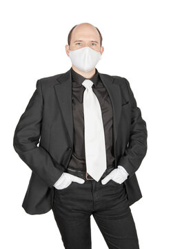 Handsome young business man with surgical medical virus protection white mask and gloves