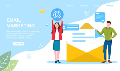 Email marketing concept with a girl holding a huge AT sign or symbol and a man standing next to a giant envelope. Web page template. Flat vector illustration
