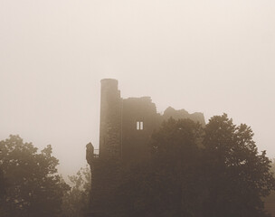 Fototapeta na wymiar View on an aged medieval castle in a fog