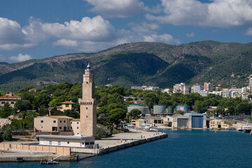Signal Tower or Porto Pi lighthouse, XV century, declared a Historic-Artistic Monument on August 14, 1983. Palma, Mallorca, Balearic Islands, Spain