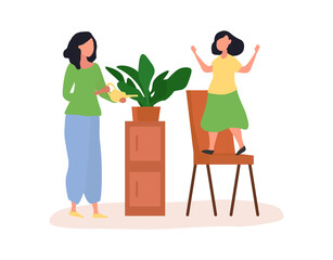 Care for house plants concept. Mother and little daughter watering a flower together. Flat cartoon colored vector illustration isolated on white