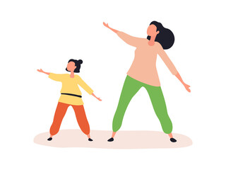Mom and daughter performing sports exercises together. Colorful cartoon flat vector illustration isolated on white