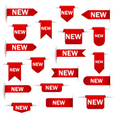 Set of new sticker. Badges with word new. Red promotion labels for arrivals shop section. Flat style cartoon. Vector illustration. Isolated on white background
