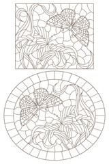Set of contour illustrations of stained glass Windows with lilies and butterflies, dark outlines on a white background