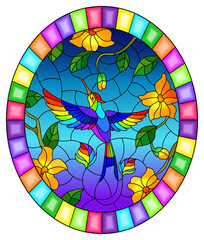 Illustration in stained glass style with a branch of  flowers and bright rainbow bird Hummingbird on a blue background, round image in bright frame