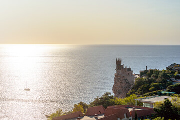 Yalta / Crimea - 22 Sep 2020: Castle of Swallow's Nest at the Black Sea coast. Beautiful tourist place in Crimea.