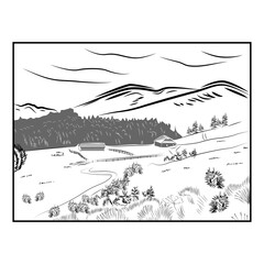 Fototapeta na wymiar Hand drawn landscape with road to house and pine forest. Sketch line