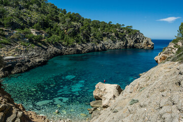 Cala Deia, road painters, tramuntana coast between Deia and Soller, Deia, Mallorca, Balearic Islands, Spain, Europe