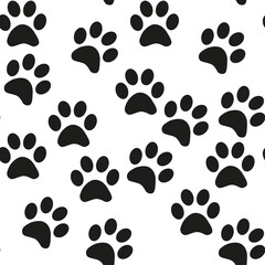 Black and white seamless pattern with paw prints. Abstract background, animal footprint, illustration.