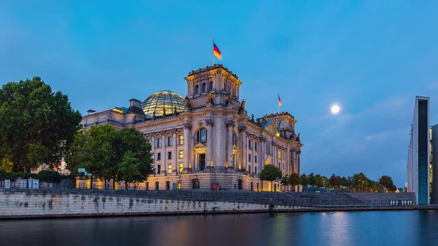 Night to Day Hyper Lapse of Reichstag Building with Spree River, Berlin, Germany