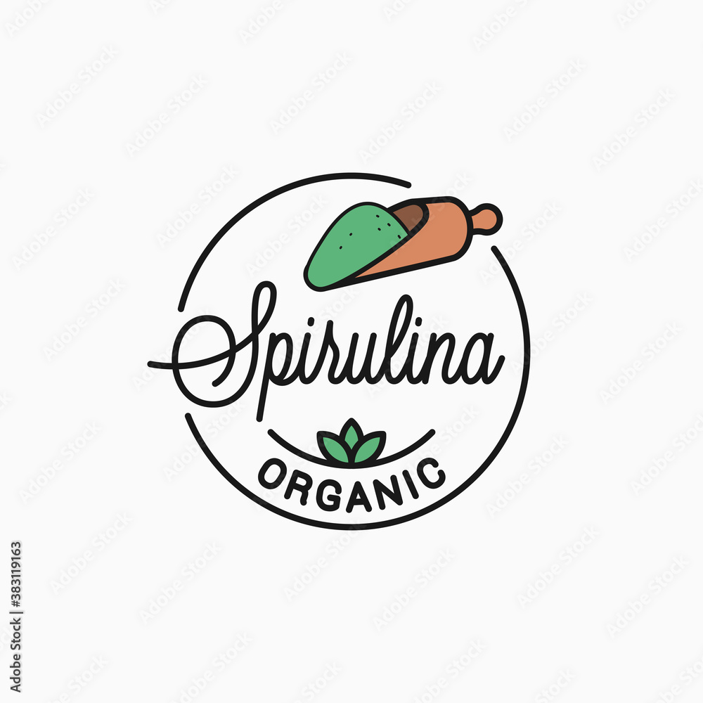 Sticker Spirulina logo. Round linear of spirulina food