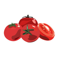 Tomatoes are whole and one is cut in half