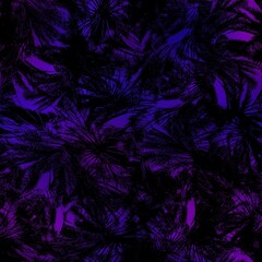 Seamless Miami night tropical pattern black foliage on sunset blur. High quality illustration. Swim, sports, or resort wear repeat print. Dark foreground on blurred background. Dark vibrant colors.