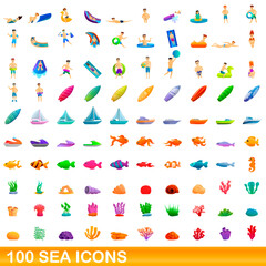 Obraz premium 100 sea icons set. Cartoon illustration of 100 sea icons vector set isolated on white background