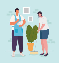 woman and man at home cooking and sweeping design of Activity and leisure theme Vector illustration