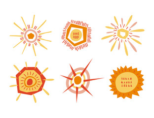 Set of different abstract suns in flat style. Collection vector weather elements for cards, scrapbooking, children room decoration