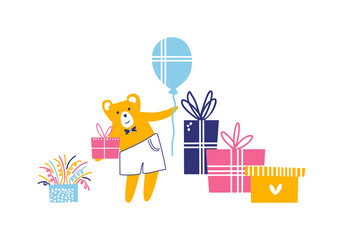 Bear with air balloon and gifts on white background. Cartoon flat illustration with cute animal