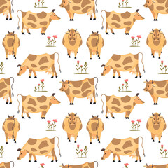 Fototapeta premium Quirky cows grazing grass seamless pattern