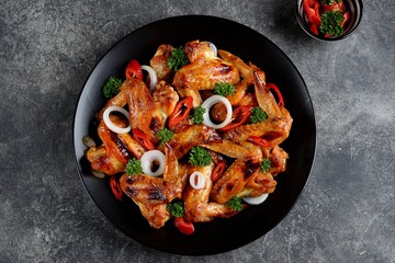 Delicious grilled chicken wings with chili pepper, onion and parsley on concrete background. Top view. 