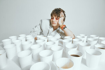 Sleepy girl with lots of paper cups of coffee. Hard morning, chronic lack of sleep and caffeine...