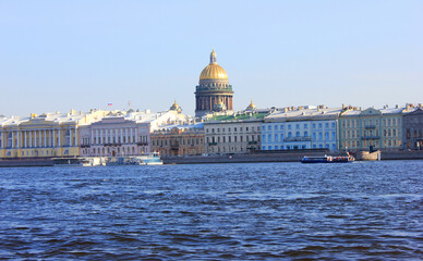 Saint Petersburg panorama, Neva river embankment architecture with St Isaak's cathedral. Historic...