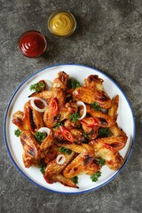Delicious grilled chicken wings with chili pepper, onion and parsley on concrete background. Top view. 