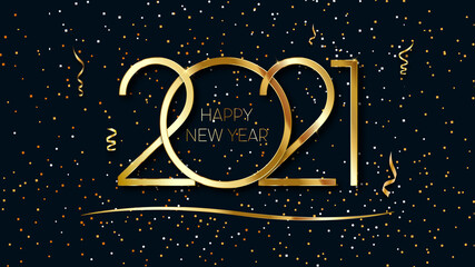 Happy New Year 2021. Elegant gold text with light.